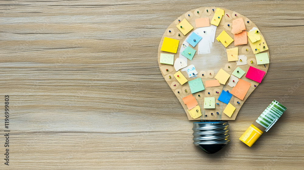 Poster a bright concept showing a light bulb shape created with push pins, markers and sticky notes on a wo
