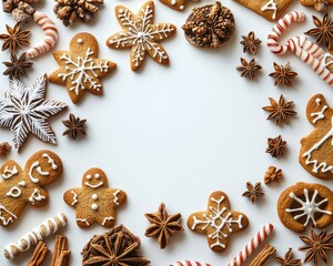 Fototapeta premium Festive Arrangement of Gingerbread Cookies and Christmas Treats Surrounded by Spices and Decorations Ideal for Holiday Celebrations and Baking Inspiration