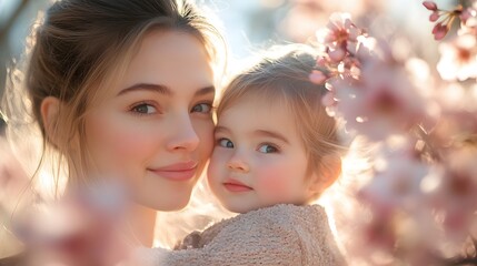 Obraz premium A mother and child admiring cherry blossoms while enjoying a sunny spring day in a park