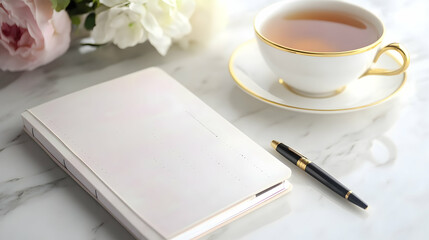 A clean and bright desk setup featuring a closed planner, a stylish pen and a cup of tea