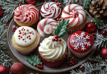 Festive Christmas Cupcakes Decorated with Holiday Themes, Delicious Treats Featuring Peppermint Swirls, Frosting, and Edible Decorations on a Rustic Wood Background