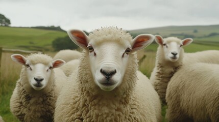 Fototapeta premium A Close-Up View of Three Sheep in a Pastoral Setting