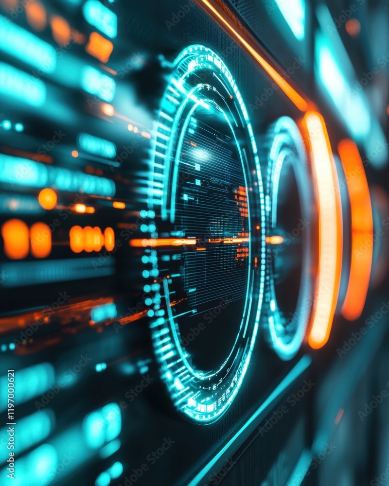 Poster futuristic abstract digital interface with bright neon light patterns and energetic motion effects