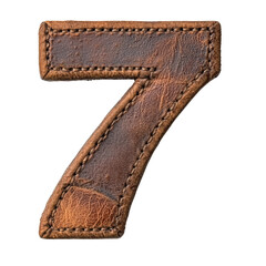 A close-up image shows a stitched leather number seven against a black background.  The leather has a worn and aged appearance.