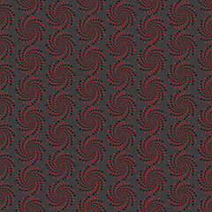 Seamless vector pattern. Funnels, circles of black and red stars on a dark gray background. Suitable for fabrics, packaging, wallpapers and backgrounds.