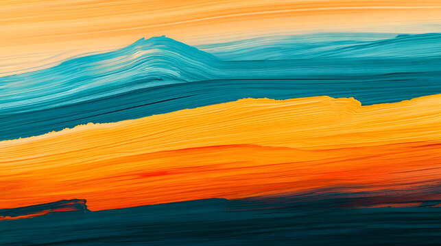 An abstract horizon line with bold, layered brushstrokes in warm tones of orange and yellow, transitioning into cool blues and greens to create a sense of balance 