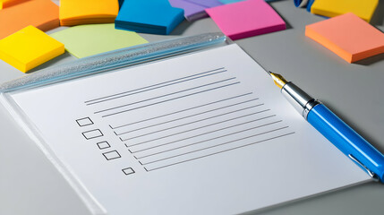 A clean workspace with a blank to-do list, a pen and colorful sticky notes
