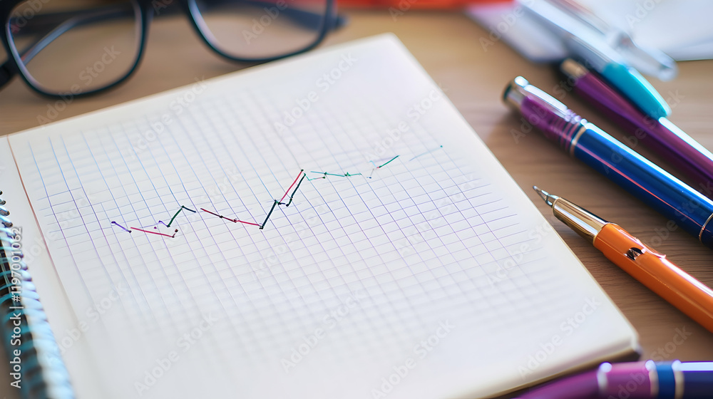 Poster a close-up of a graph overlay on a blank notebook, surrounded by pens and a pair of glasses
