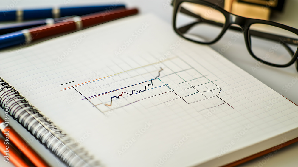 Poster a close-up of a graph overlay on a blank notebook, surrounded by pens and a pair of glasses