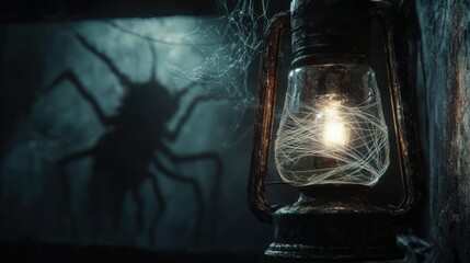 Mysterious Lantern Illuminating Dark Room with Spider Shadow