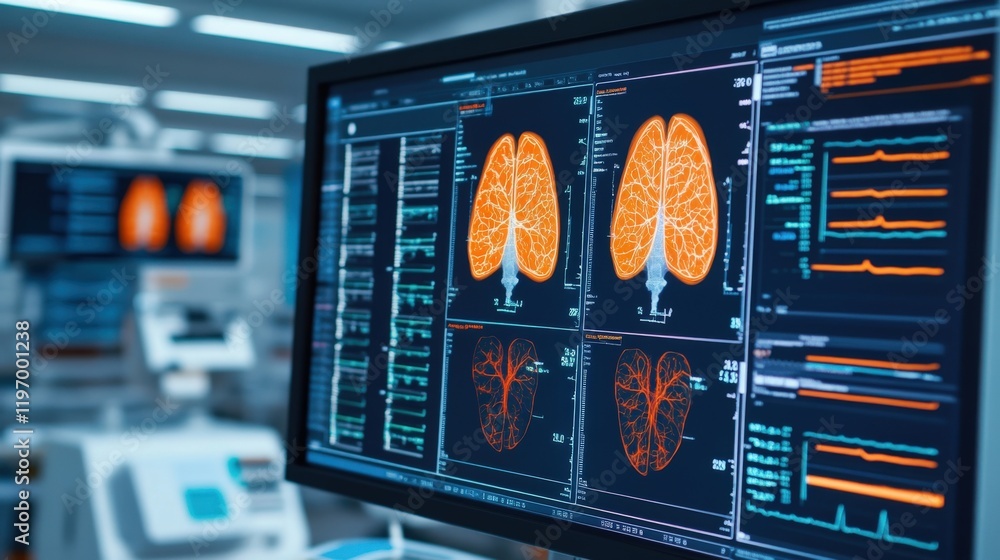 Aufkleber advanced medical technology displaying lungs and heart diagnostics on a high-tech screen in a hospit