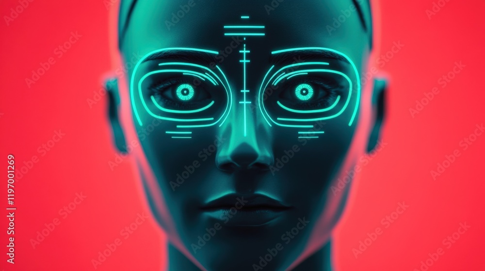 Aufkleber futuristic robot face with neon elements on red background in digital art style