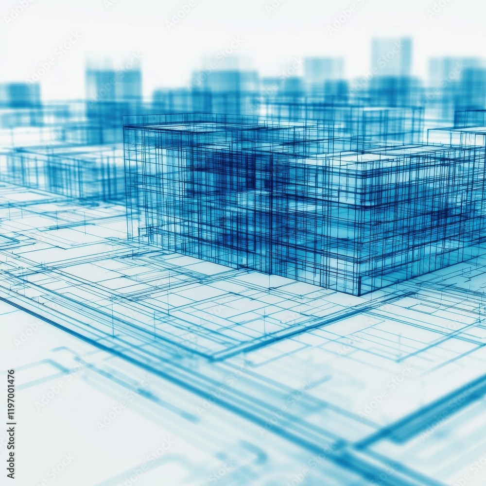 Aufkleber futuristic urban landscape design with blueprints and wireframe structures for architectural visuali