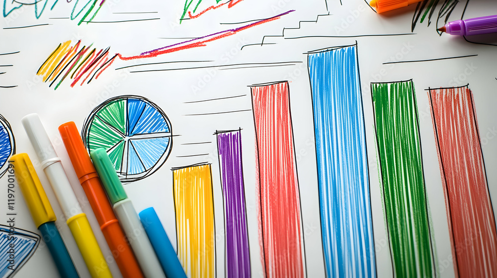Aufkleber a concept image of bar graphs and pie charts drawn on paper with colorful markers