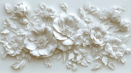 Elegant White Floral Relief Wall Art in 3D Design Perfect for Home Decor and Interior Spaces Featuring Nature-Inspired Patterns and Textures