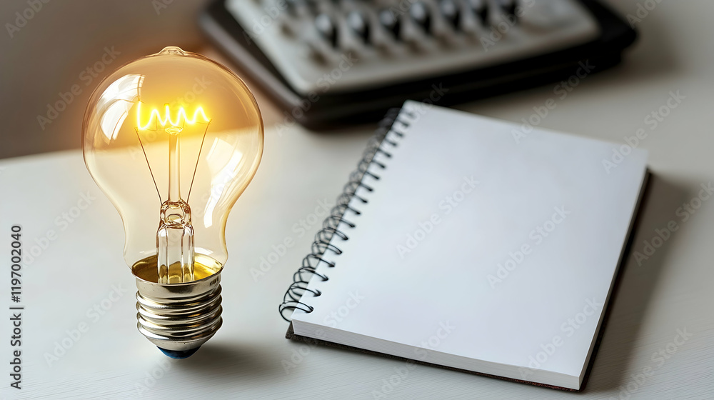 Poster a conceptual image of a light bulb and a blank notebook on a clean desk symbolizing creativity