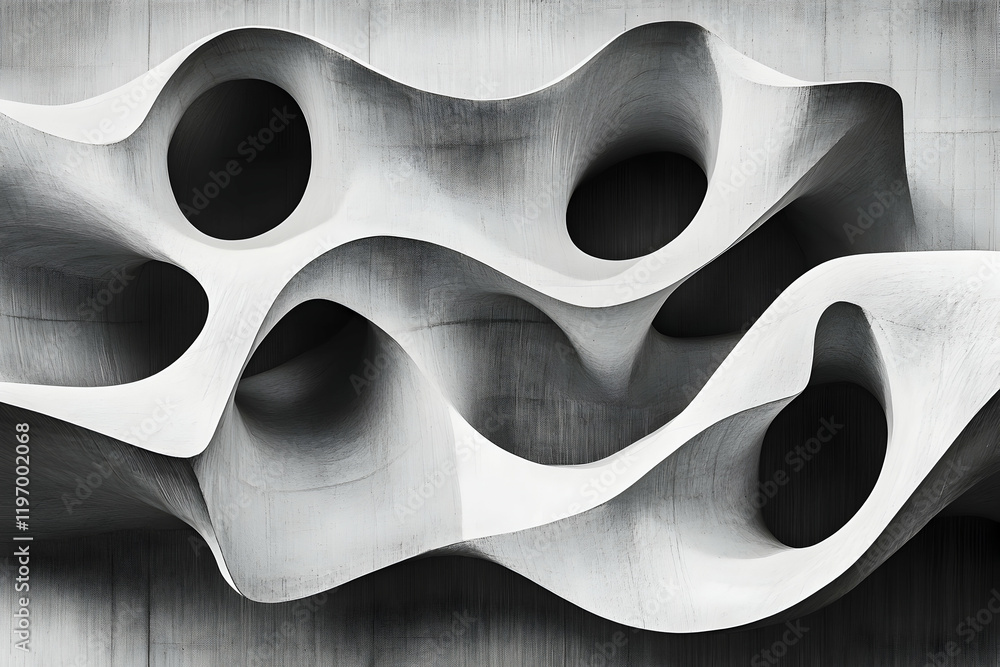 Poster abstract grayscale image of a sculptural, flowing concrete form with interconnecting cavities, showc