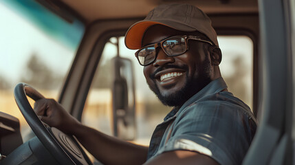 Happy black truck driver in the truck with copy space