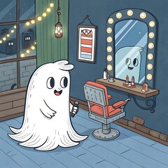 A playful ghost with a sleek, modern haircut stands in front of a mirror, looking pleased. The setting is an enchanted barber shop with glowing tools and a magical, floating chair.ai generative