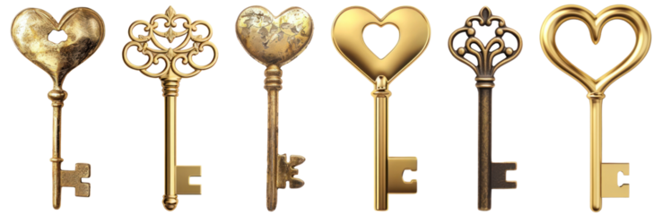 Elegant heart-shaped vintage keys, PNG element set on transparent background