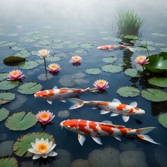 A koi pond with cA pond with blossoming water lilies, the white background enhancing their beauty.olorful fish, surrounded by stones, and a soft white gradient background.