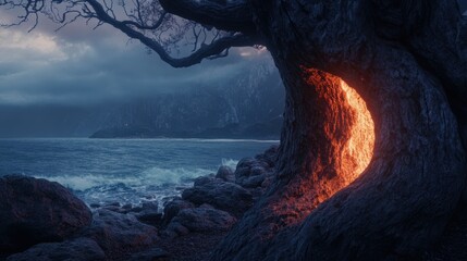 Mystical Tree with Glowing Ember and Ocean Waves at Dusk