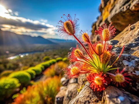Cape Sundew (Drosera capensis) Thriving on Gifberg Cliff Face, Western Cape, South Africa