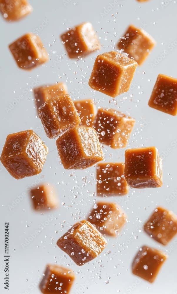 Aufkleber floating caramel cubes with bubbles on a soft background captured in high-resolution showcasing the 