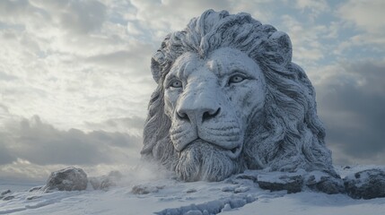 Obraz premium Majestic Lion Sculpture in Winter Landscape with Dramatic Sky