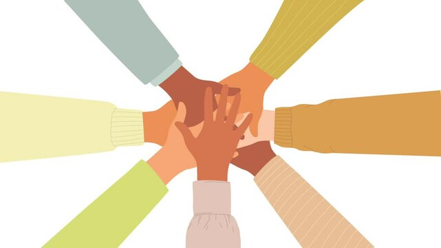 A stack of hands of a multinational people making a gesture of unity, cohesion and support.