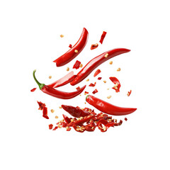 Fresh red chili peppers flying with crushed flakes scattered around, Isolated on white background