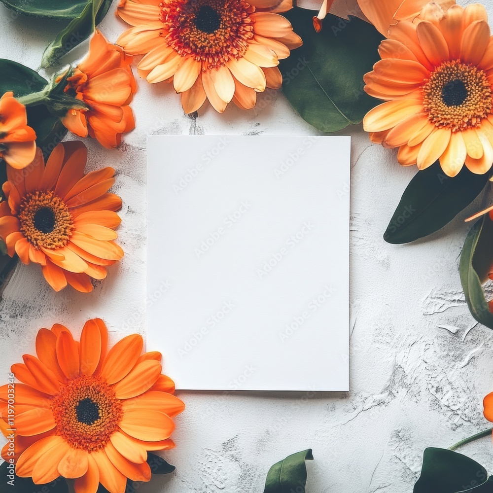 Poster bright orange flowers surround an empty space for text on a textured surface creating a fresh, vibra