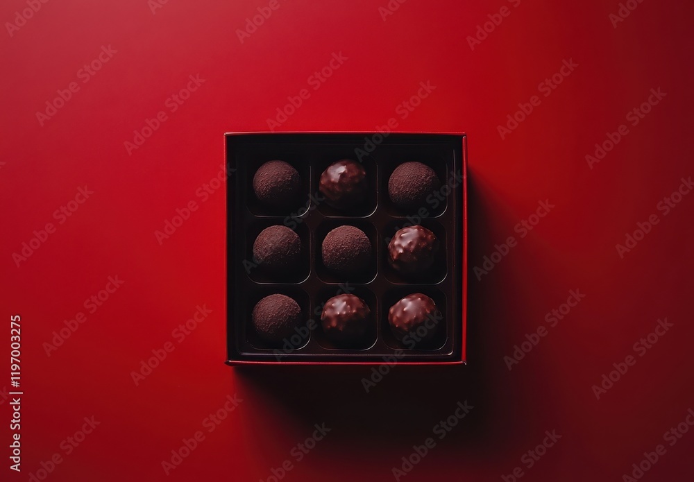 Aufkleber indulgent chocolate confections arranged neatly in a black box on a bold red background creating an 