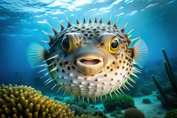 Close-up Documentary Shot of a Pufferfish Inflated, Underwater Scene