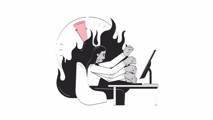 Overworked professional under deadline pressure doodle outline animation. Workplace burnout 4K video motion graphic. Multitasking stressed office worker animated sketch 2D concept isolated on white