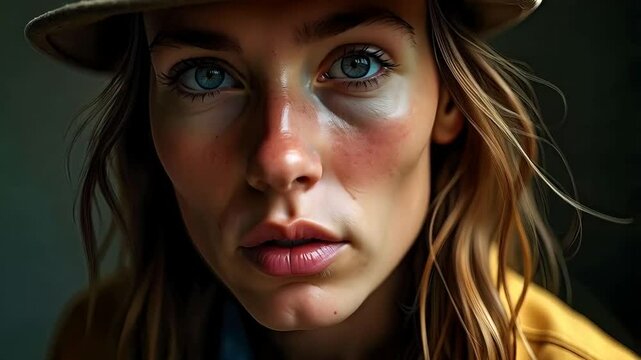 Close up of a woman street vagabond in a hat