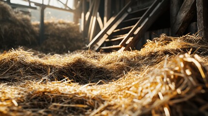 Sunlit Barn Interior with Straw on Floor and Stairs in Background