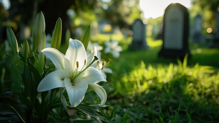 Obraz premium White Lily Blooms in Peaceful Cemetery Sunlight Graveyard