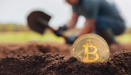 bitcoin in soil with person digging in background, cryptocurrency mining concept