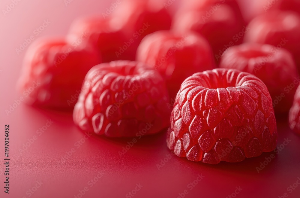 Poster red gummy candies with raspberry texture arranged on a smooth surface, capturing the sweetness and p