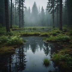 Fototapeta premium A small pond nestled in a forest clearing, with a subtle white mist in the background.