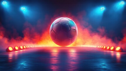 Naklejka premium Dramatic Soccer Ball Illuminated by Bright Lights in a Stadium with Colorful Smoke and a Powerful Atmosphere