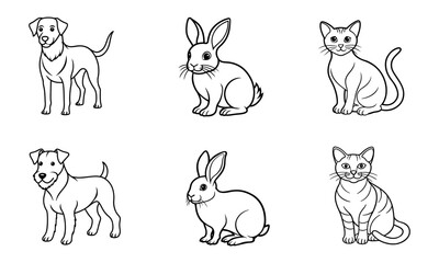 Pet Illustrations Collection in Line Style. Dogs, Rabbits and Cats