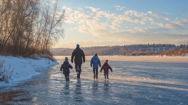 Family walking on thin ice during sunset in a winter landscape showcasing potential danger