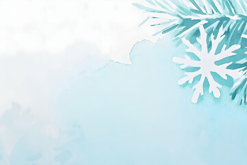 Obraz premium Serene winter watercolor background featuring a delicate snowflake and pine branch, ideal for holiday cards or winter-themed designs.