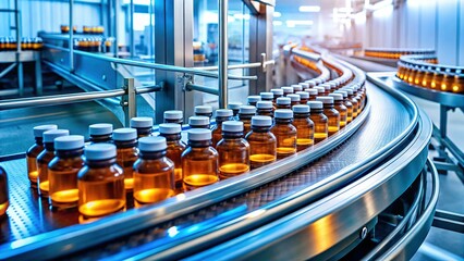 Fototapeta premium Conveyor Belt of Plastic Medicine Bottles - High Depth of Field Stock Photo