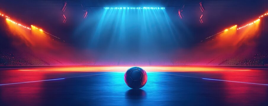 Vibrant Soccer Ball Centered in an Illuminated Stadium with Dynamic Lighting and Colorful Effects Enhancing the Game Atmosphere