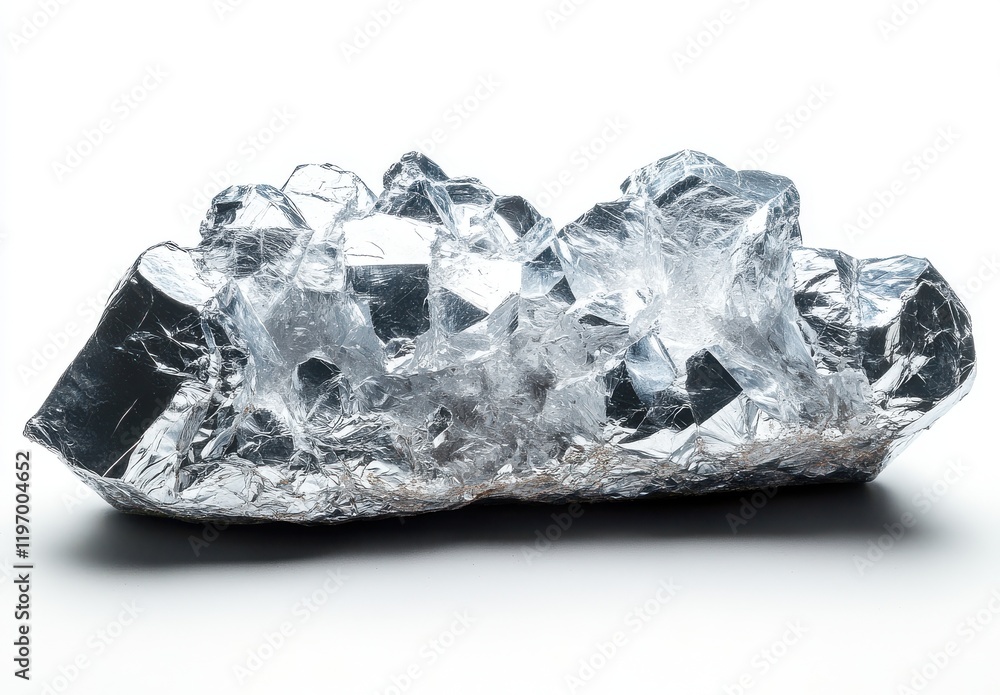 Poster shimmering natural quartz crystal cluster with reflective surfaces and sharp edges on a plain backgr