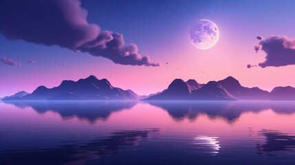 Serene rocky shoreline at dusk with full moon and starry sky reflecting on calm water