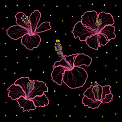 Outlined tropical hibiscus flowers. Vibrant pink hibiscus flowers outlined in neon style on a black background, accented with small colorful stars. Perfect for textile design, wallpapers, and digital 